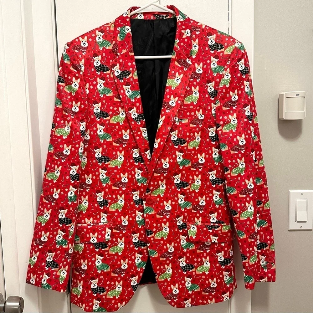 Suslo Couture Christmas Corgi Dog Mens M Red Blazer Slim Fit Lined party holiday